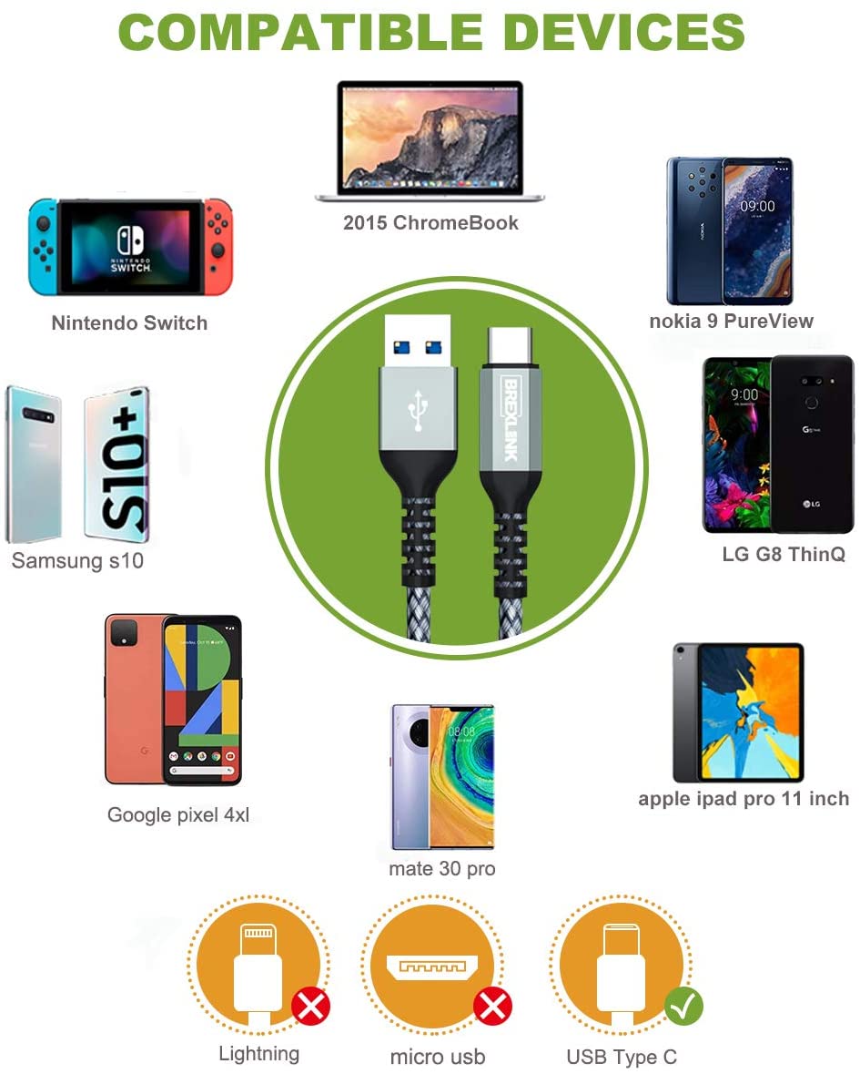 BrexLink USB 3.0 Type C Cable, USB C to USB A Charger Cable (2m 2-Pack) Charging for Samsung Galaxy S10 S9 S8 A3 A5 Note 8 9 10, Huawei P10 P9 P20 Pro, Google Pixel, LG V30 G6 (Grey) BrexLink USB 3.0 Type C Cable, USB C to USB A Charger Cable (2m 2-Pack) Charging for Samsung Galaxy S10 S9 S8 A3 A5 Note 8 9 10, Huawei P10 P9 P20 Pro, Google Pixel, LG V30 G6 (Grey)